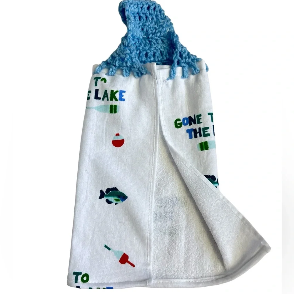 HAND CRAFTED Crocheted Top Hanging Kitchen or Bathroom Hand Towel Lake Towel